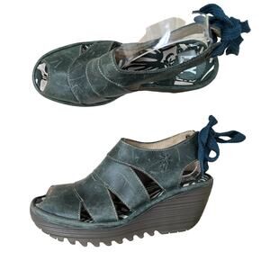 Fly London Womens Yown Wedge Sandals EU 38 Blue Aqua Leather Peep Toe Lace Up